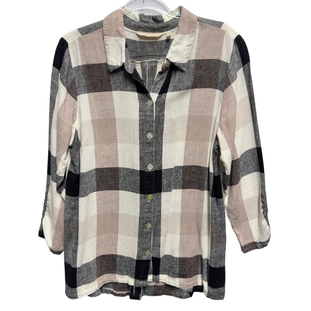 Linen Knit Boyfriend Fit Chambray Plaid Windowpane Checkered Shacket Shirt